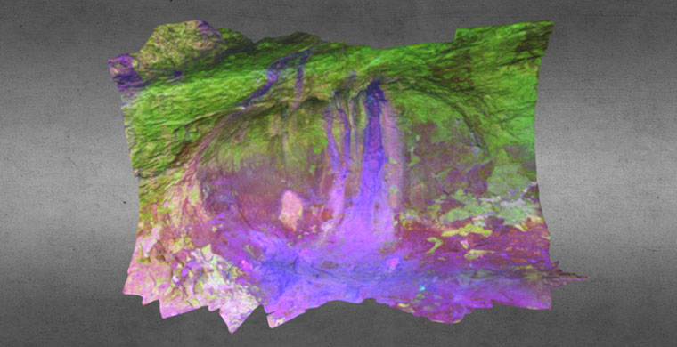 3D model of left hand area of Cova dels Cavalls, false color.